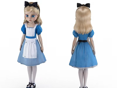 Alice Doll With Blonde Hair Black Bow Blue White Dress And Apron Front Back Views 3d model