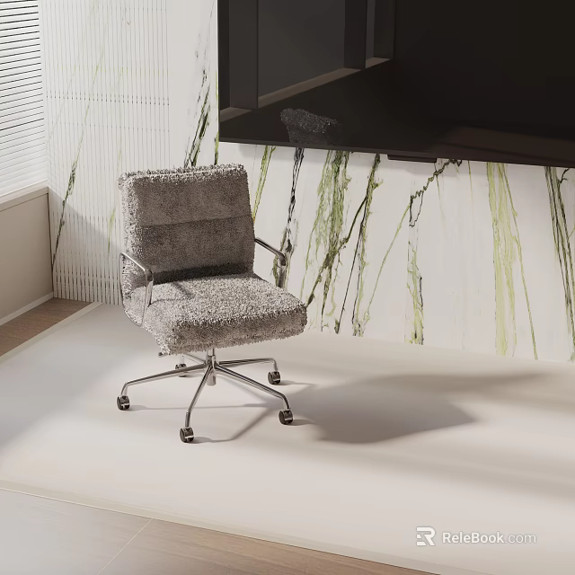 Gray Fluffy Office Chair With Swivel Metal Base In Modern Interior With Green Line Wallpaper 3d model 