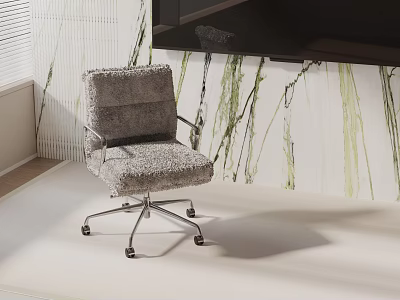 Gray Fluffy Office Chair With Swivel Metal Base In Modern Interior With Green Line Wallpaper 3d model