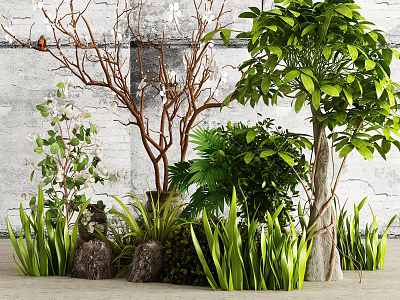 Diverse Flowers and Plants with White Blossoms Red Branches Green Foliage Stones Against Gray Wall 3d model