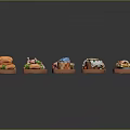 Assorted Food Items on Wooden Trays Including Hamburgers Fried Chicken Salads and Desserts