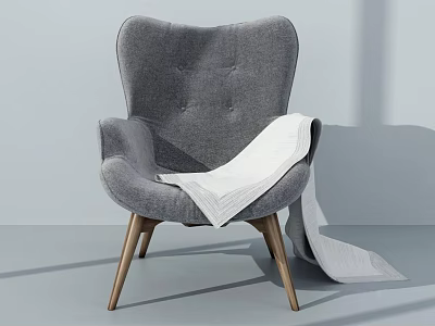 Gray Tufted Accent Chair With Armrests Wooden Legs And White Blanket In Minimalist Space 3d model