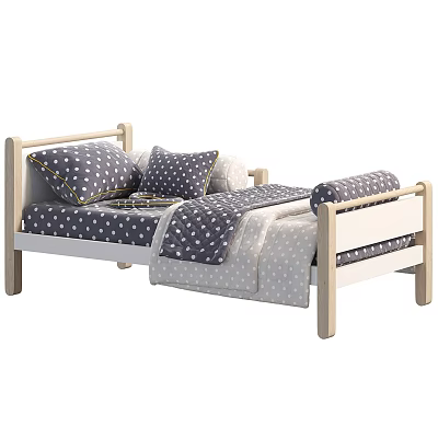 Wooden Frame Kids Bed with Gray Polka Dot Bedding and Soft Pillows 3d model