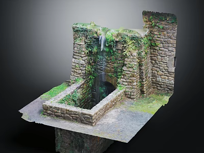 Garden Ornament Stone Structure Featuring Waterfall And Moss Covered Stone Walls With Square Pool 3d model