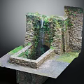 Garden Ornament Stone Structure Featuring Waterfall And Moss Covered Stone Walls With Square Pool