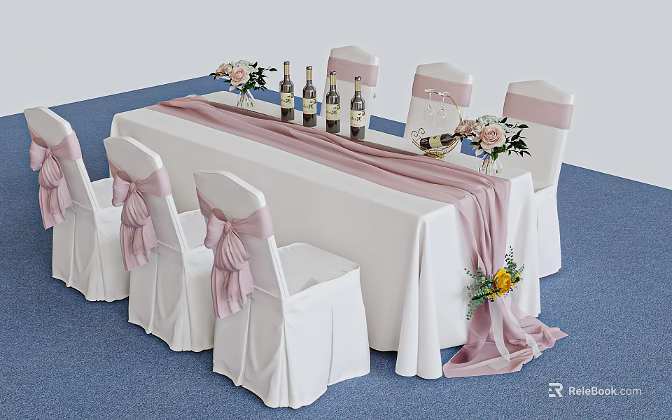 Elegant Banquet Table Setup With White Tablecloth Pink Chair Sashes Wine Bottles And Flower Bouquets 3d model 