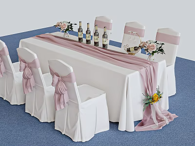 Elegant Banquet Table Setup With White Tablecloth Pink Chair Sashes Wine Bottles And Flower Bouquets 3d model