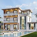 Modern Detached Villa Two Story Design With Swimming Pool Lawn And Palm Trees