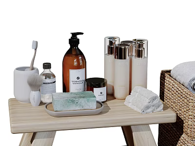 Essential Bathroom Set With Green Soap Hand Wash Bottles Toothbrush And Towels On Wooden Tray 3d model