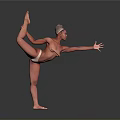 Female Practicing Yoga Pose Standing On One Leg With Arm Extended Against Dark Background