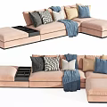 Pink L shaped Sectional Sofa with Multi colored Pillows Blue Blanket and Storage Tray 3d model