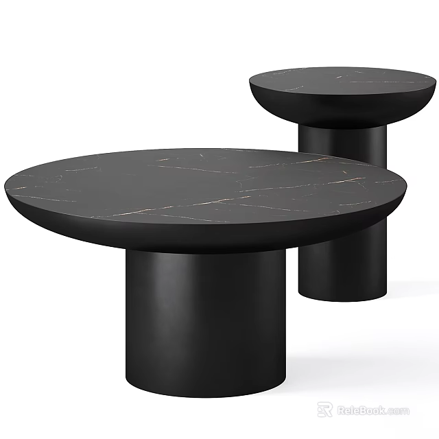 Modern Black Round Tea Table Set With Marble Texture And Cylindrical Legs 3d model 