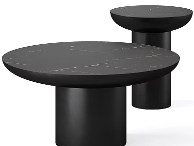Modern Black Round Tea Table Set With Marble Texture And Cylindrical Legs 3d model