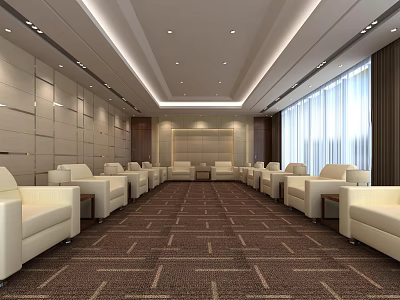 Hotel Public Lounge Area With White Sofas Patterned Carpet Large Windows And Recessed Lighting 3d model