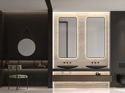 Modern Bathroom Interior With Double Sinks Marble Countertop Wall Mirrors And Accent Chair 3d model