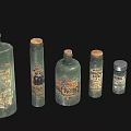 Vintage Medical Instruments Green Glass Bottles With Antique Labels For Early Medicine Storage