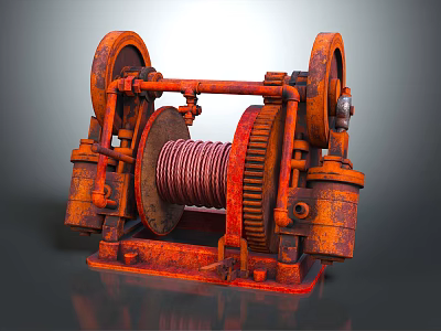 Old Rusty Winch With Two Wheels And Coiled Steel Rope Mechanical Structure 3d model
