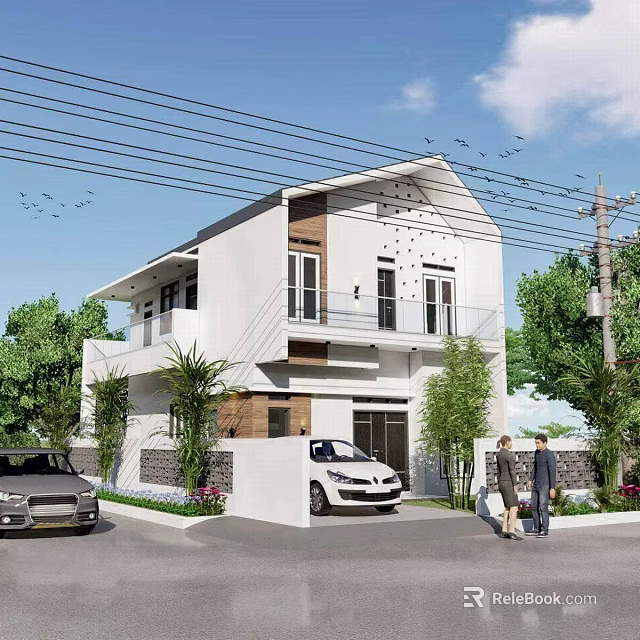 Modern White Two Story Detached Villa Exterior With Car People Dog And Trees In Front 3d model 