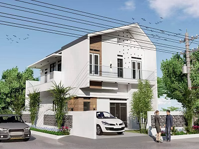 Modern White Two Story Detached Villa Exterior With Car People Dog And Trees In Front 3d model
