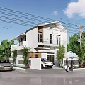 Modern White Two Story Detached Villa Exterior With Car People Dog And Trees In Front