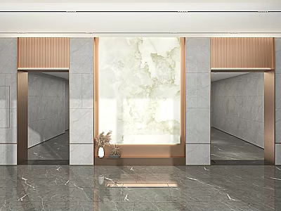 Modern Elevator Hallway Design With Marble Wall Metal Trim And Plant Decoration 3d model