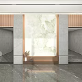 Modern Elevator Hallway Design With Marble Wall Metal Trim And Plant Decoration