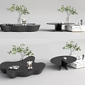 Unique Modern Coffee Table Designs With Black White Marble And Small Decorative Trees 3d model
