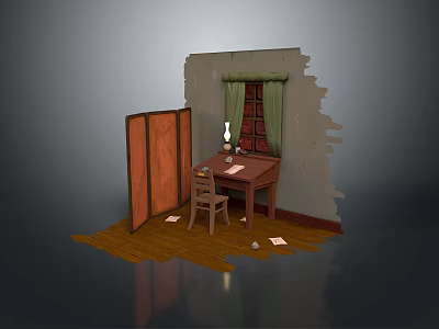 Wooden Dining Table With Chair Lamp Screen Near Damaged Wall Green Curtain And Scattered Papers 3d model