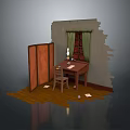 Wooden Dining Table With Chair Lamp Screen Near Damaged Wall Green Curtain And Scattered Papers