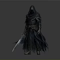 Medieval Style Man In Gray Hooded Tattered Cloak Holding Long Sword Standing
