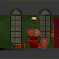 Bar Interior Scene With Red Counter Stools Yellow Pendant Lights Green Walls And Arched Windows