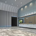 Modern Eco Science Popularization Center Interior With Reception Desk Display Screens And Lighting