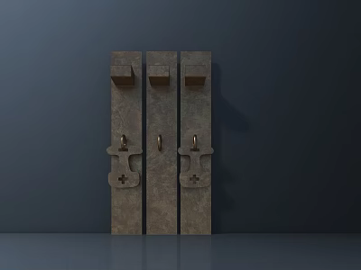 Vintage Wooden Bookcase With Three Vertical Panels Metal Hooks And Decorative Parts 3d model