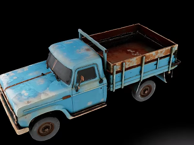 Vintage Blue Truck with Rusty Bed and Weathered Exterior in Retro Style 3d model