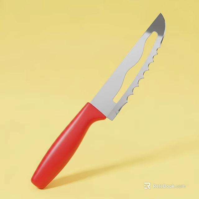 Red Handle Kitchen Knife With Serrated Blade And Hole On Yellow Background 3d model 