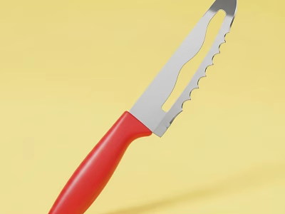 Red Handle Kitchen Knife With Serrated Blade And Hole On Yellow Background 3d model