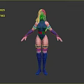 Stylized 3D Model Character With Purple Hair Blue Outfit Red Stripes And Arm Leg Guards