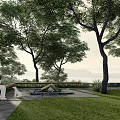 Natural Rockery Stones in Bright Indoor Space with Lake View and White Sofas