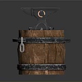 Black Iron Anvil Placed On Wooden Barrel With Metal Hoops For Blacksmith Work