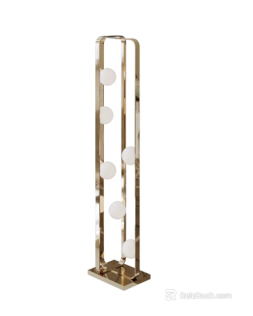 Modern Vertical Floor Lamp With Golden Metal Frame And Round White Shades 3d model 