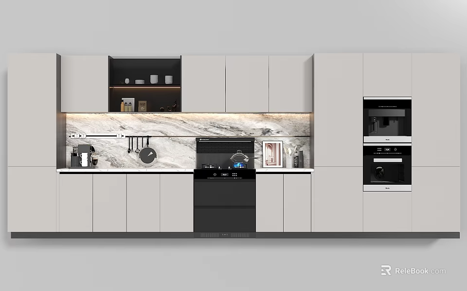 Modern Kitchen Interior With White Cabinets Black Stove And Stainless Steel Appliances 3d model 