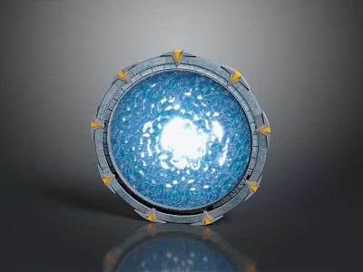 Circular Blue Glowing Orb With Metallic Frame Yellow Decorative Accents Bright Central Light 3d model