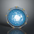Circular Blue Glowing Orb With Metallic Frame Yellow Decorative Accents Bright Central Light