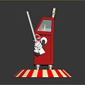 Anthropomorphic Red Vending Machine Character With Popcorn Top Holding Gun On Striped Base