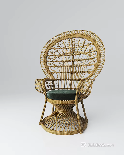 Rattan Leisure Chair with Intricate Woven Pattern and Green Cushion for Comfortable Seating 3d model 