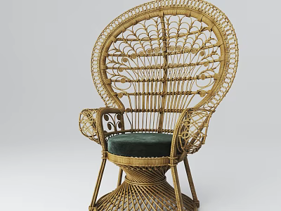 Rattan Leisure Chair with Intricate Woven Pattern and Green Cushion for Comfortable Seating 3d model