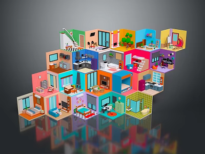 Colorful Layered 3D Miniature Room Models With Various Interiors And Furniture 3d model
