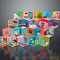 Colorful Layered 3D Miniature Room Models With Various Interiors And Furniture