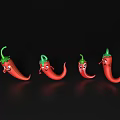 Red Chilies with Smiling Faces and Green Stems on Black Background with Reflections 3d model
