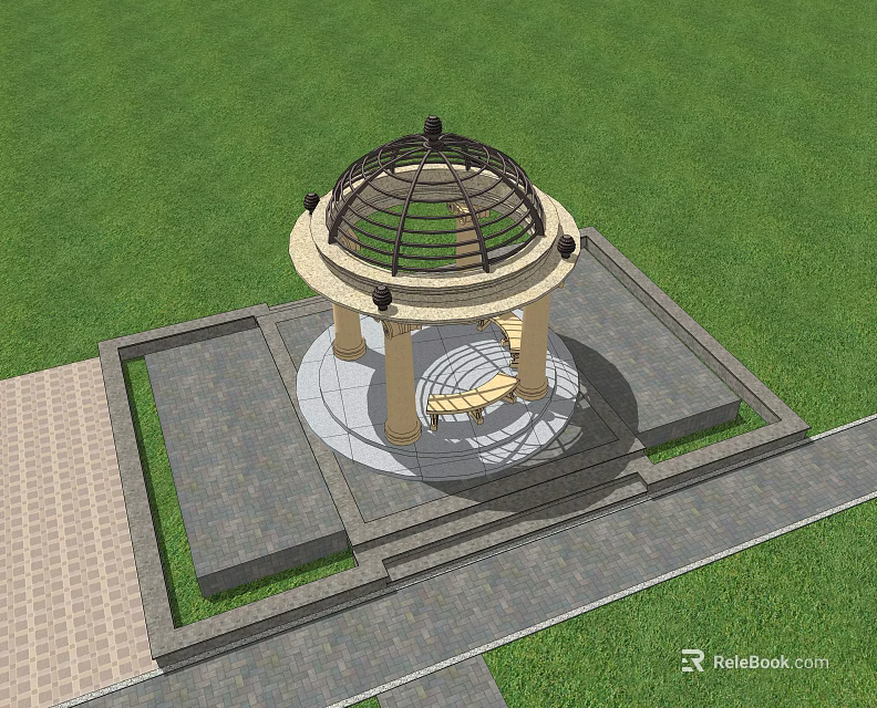 Beautiful Gazebo With Dome Columns Stone Floor And Bench On Green Lawn 3d model 